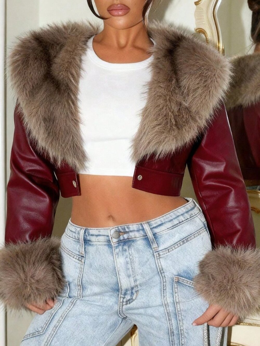 Burgundy Casual Women's Contrast Faux Fur V Neck Colorblock Crop Jacket - Picture 4 of 5